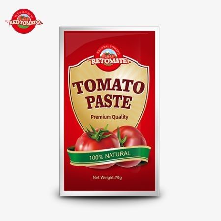 Des sachets plats à prix d'usine de 70 g de pâte de tomate disponibles avec des niveaux de pureté allant de 30% à 100%