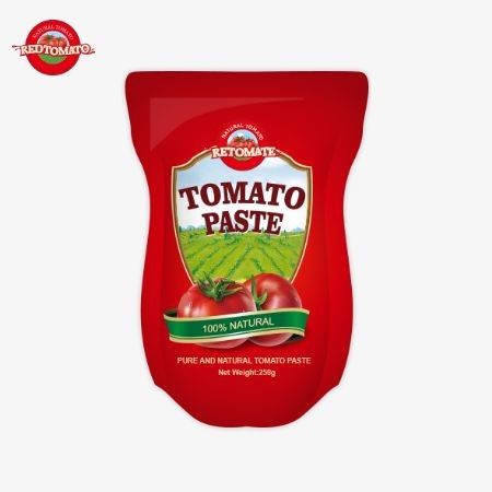 Dans un sachet debout cette offre contient 250g de pâte de tomate douce et épicée avec une pureté allant de 30% à 100%