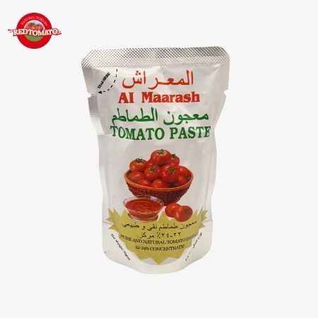 Sachet de 70g de concentré de tomate en sachet vertical, concentré à un taux de Brix de 22-24%. Fournir la marque et la conception de l'emballage.