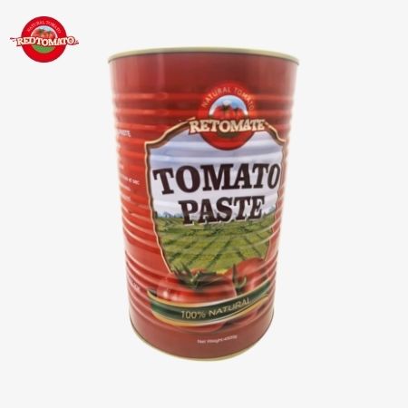 La pâte de tomate en conserve Retomate 4500g (Brix 28–30%) est disponible sous notre marque avec des services complets de conception de marque et d'emballage.