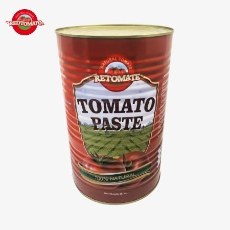 La pâte de tomate en conserve Retomate 4500g (Brix 28–30%) est disponible sous notre marque avec des services complets de conception de marque et d'emballage.
