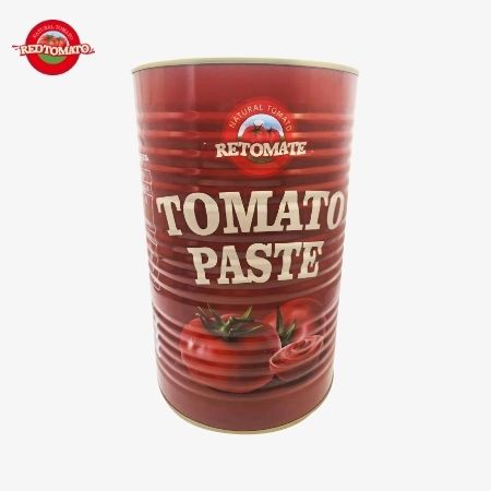 La pâte de tomate en conserve Retomate 4500g (Brix 28–30%) est disponible sous notre marque avec des services complets de conception de marque et d'emballage.