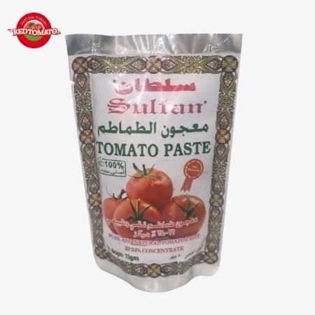 Sachets de pâte de tomate de haute qualité de la marque SULTAN disponibles. Designs 'Stand-Up', double concentré et pesant 70g. Brix 22–24%