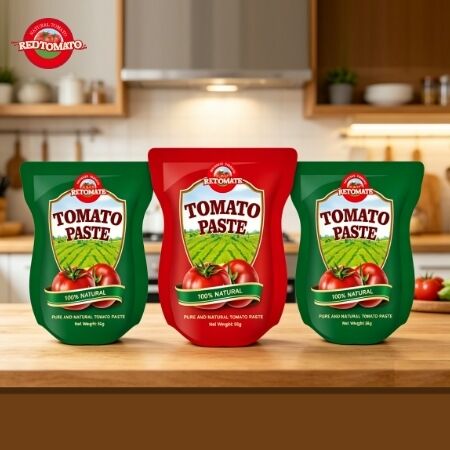 Pâte de tomate en sachet debout de qualité supérieure pour vente en gros, disponible en formats de 56g et 70g, fabriquée avec des tomates pures et sans additifs
