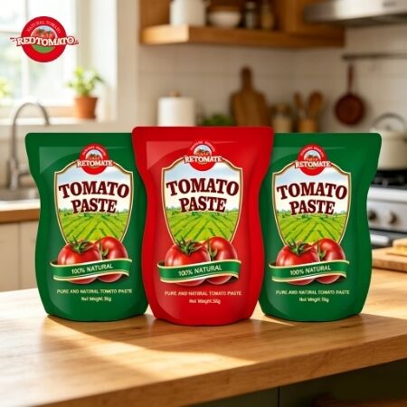Nous fournissons en gros de la pâte de tomate en sachet debout dans les tailles de 56g et 70g, fournissant une pâte de tomate naturelle pure sans aucun additif artificiel