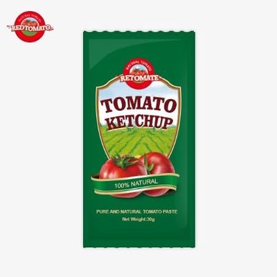 OEM Petit sachet de ketchup de tomate 30g Goût sucré et acide saveur naturelle pure Normes ISO HACCP BRC FDAl